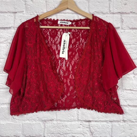 J5017 Abollria red floral lace short sleeve open front bolero size XXL - Picture 1 of 6